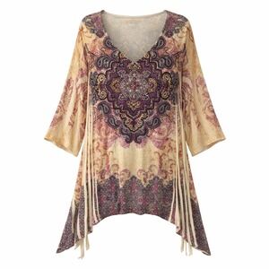 Catherines 1X Paisley Tunic Top Sharkbite‎ Hem Womens Boho Earth Fairy Casual
